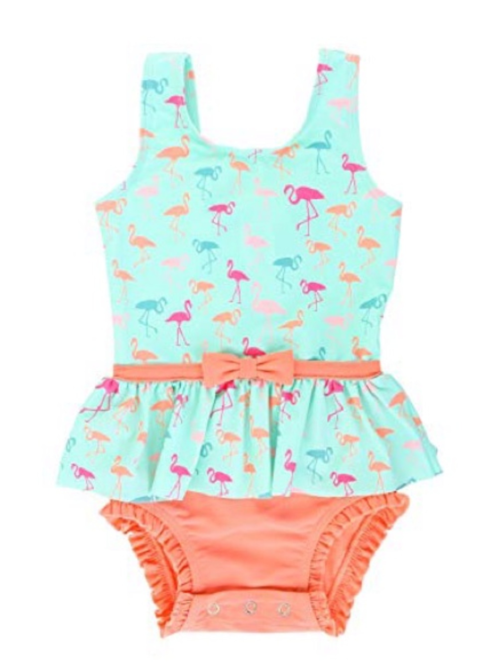Ruffle Butts Mint Flamingo One-Piece Swim with Coral Skirt & Bow